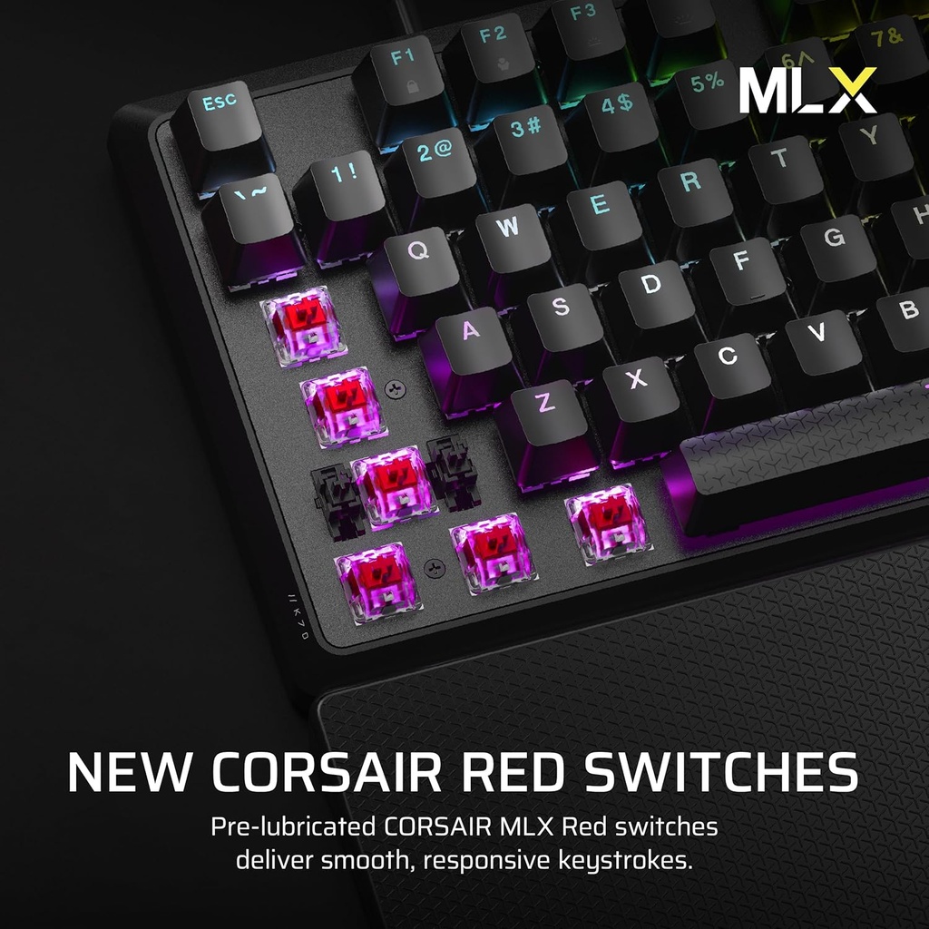 Teclado Mecánico Corsair K70 CORE RGB con reposamanos - Interruptores lineales rojos Corsair MLX prelubricados - Amortiguación de sonido - Dial de control de medios