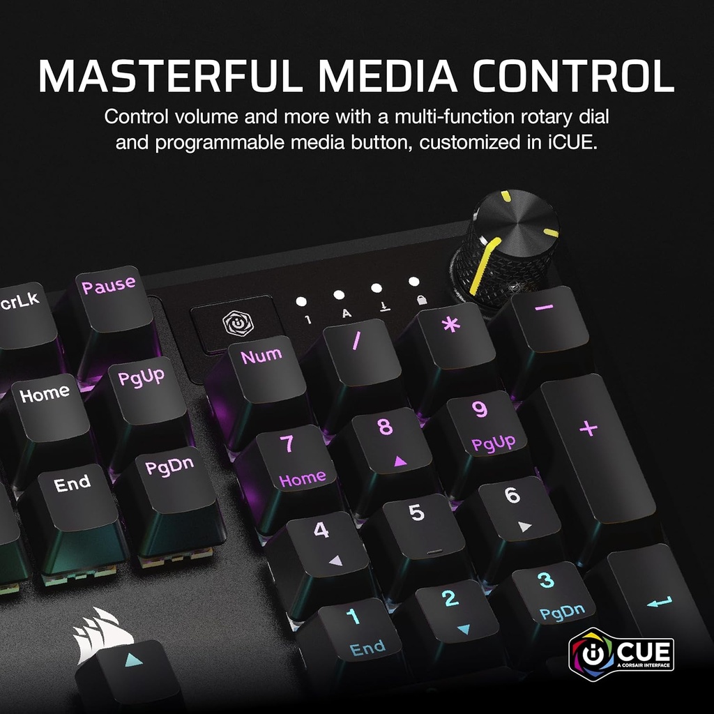 Teclado Mecánico Corsair K70 CORE RGB con reposamanos - Interruptores lineales rojos Corsair MLX prelubricados - Amortiguación de sonido - Dial de control de medios