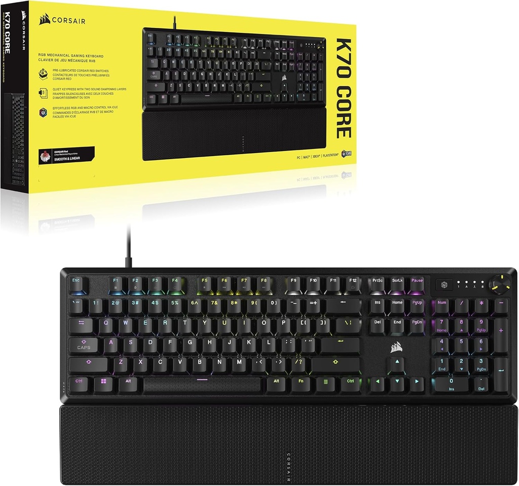 Teclado Mecánico Corsair K70 CORE RGB con reposamanos - Interruptores lineales rojos Corsair MLX prelubricados - Amortiguación de sonido - Dial de control de medios