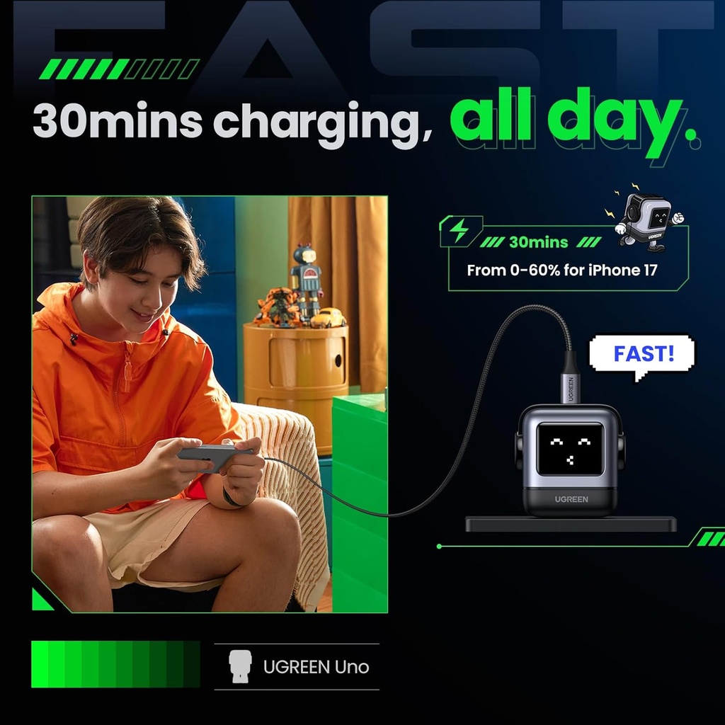 UGREEN Uno - Bloque de cargador USB C de 30 W, cargador rápido compacto robot GaN para iPhone 17, regalos para mujeres y hombres, compatible con iPhone 17/16/15, Galaxy S25/S24/S23, Pixel 10/9/8, iPad