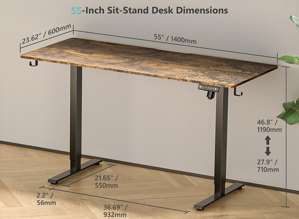 VVENACE Escritorio eléctrico de pie de 55 x 24 pulgadas, altura ajustable con 4 ruedas, 4 ajustes de altura de memoria, 2 ganchos para auriculares, para oficina en casa, tablero de empalme marrón