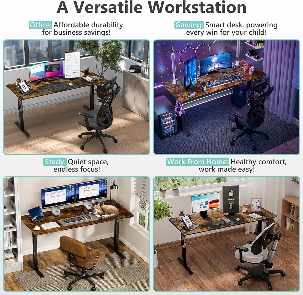 VVENACE Escritorio eléctrico de pie de 63 pulgadas de altura ajustable con ruedas, escritorio de pie para sentarse, escritorio de oficina en casa, estación de trabajo de computadora, escritorio