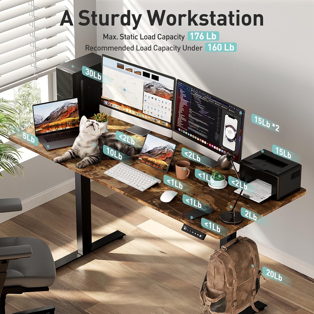 VVENACE Escritorio eléctrico de pie de 63 pulgadas de altura ajustable con ruedas, escritorio de pie para sentarse, escritorio de oficina en casa, estación de trabajo de computadora, escritorio