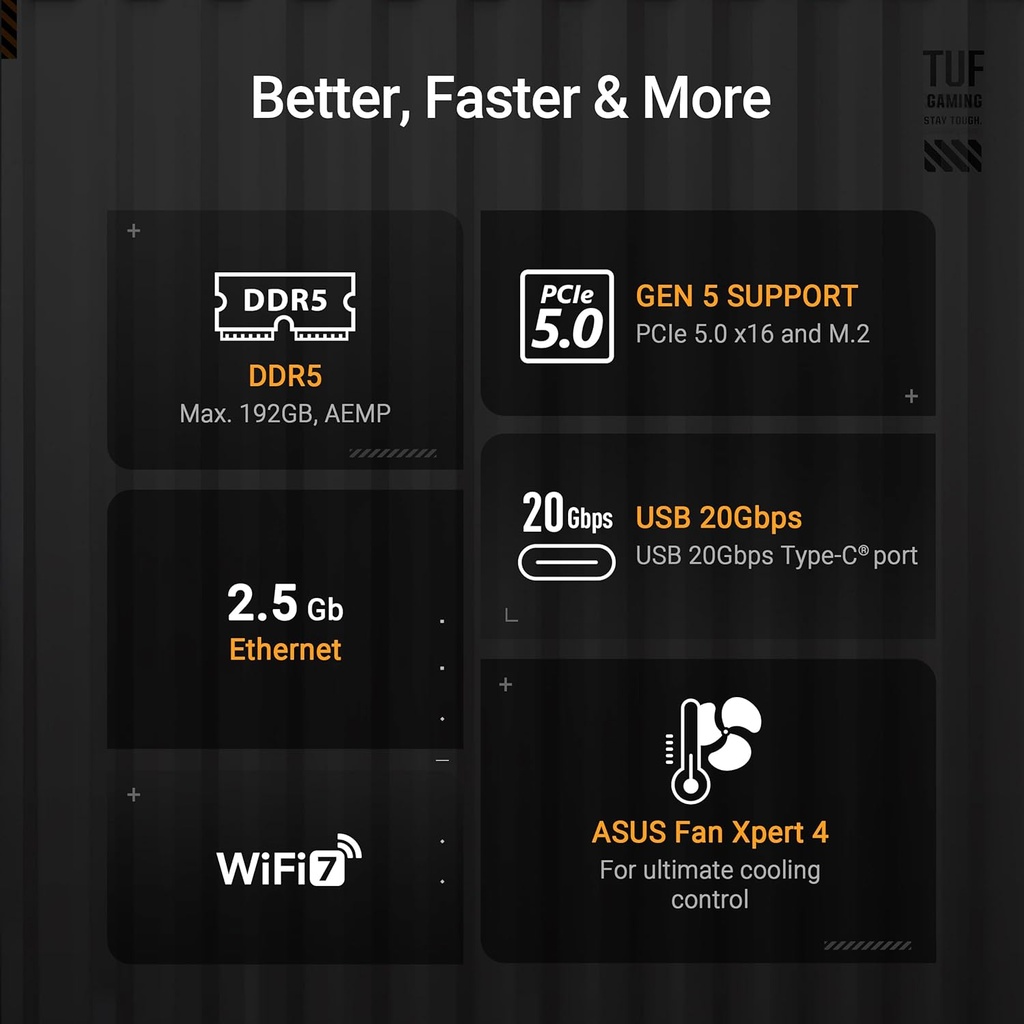 ASUS TUF Gaming B850-PLUS WiFi AMD AM5 B850 ATX Placa base, 14+2+1 80A etapas, AI Ready, DDR5, PCIe 5.0, 3X M.2, Wi-Fi 7, LAN de 2.5 Gb, DisplayPort, HDMI™, USB 10Gbps y 20Gbps Type-C®, BIOS