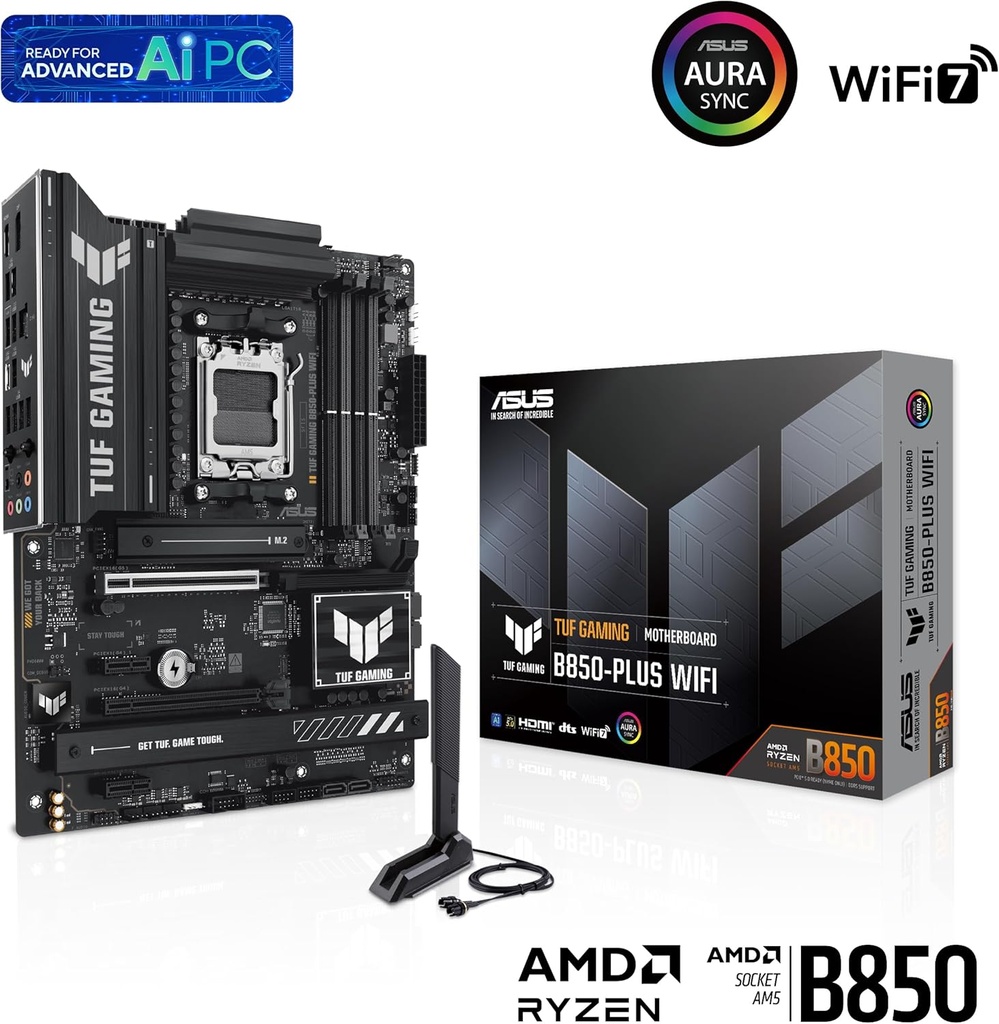 ASUS TUF Gaming B850-PLUS WiFi AMD AM5 B850 ATX Placa base, 14+2+1 80A etapas, AI Ready, DDR5, PCIe 5.0, 3X M.2, Wi-Fi 7, LAN de 2.5 Gb, DisplayPort, HDMI™, USB 10Gbps y 20Gbps Type-C®, BIOS