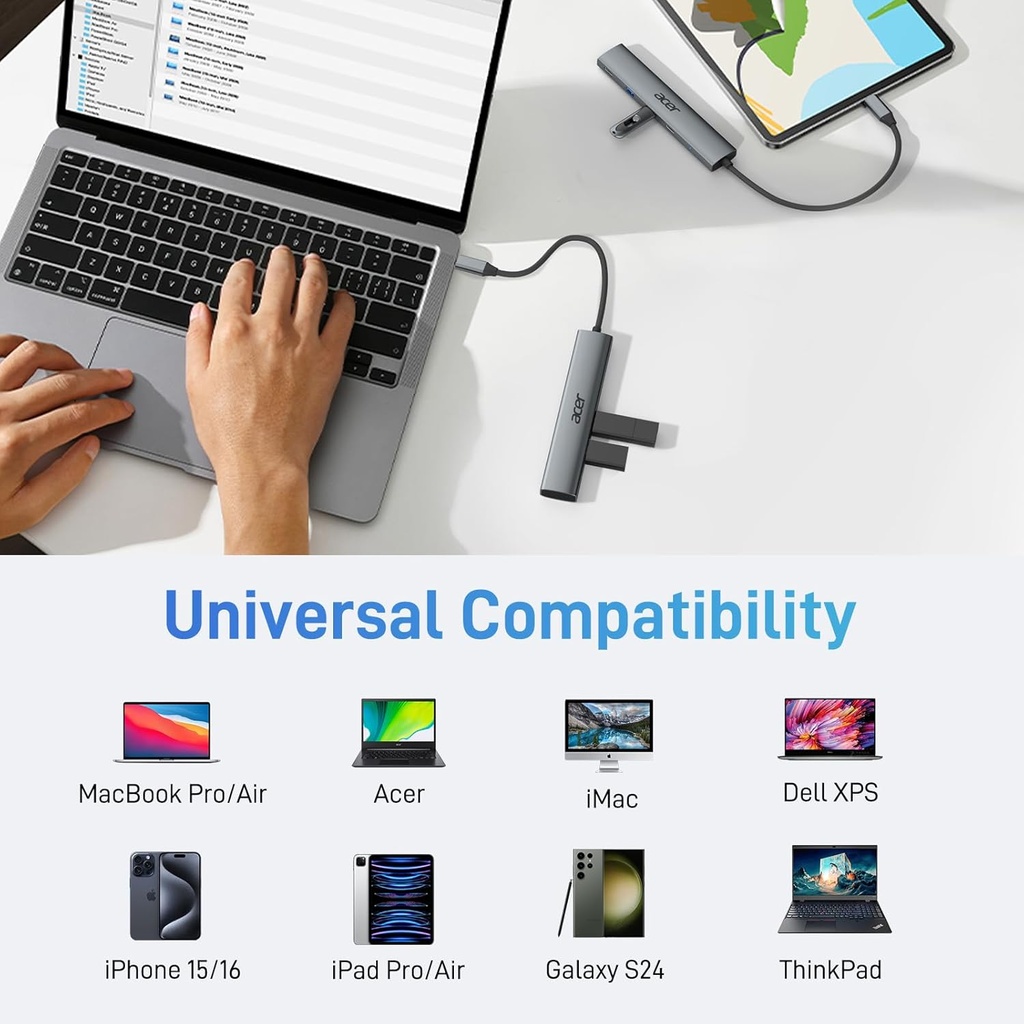 Acer Hub USB C 5 en 1 con HDMI 4K, entrega de energía de 100 W, 3 puertos de datos USB