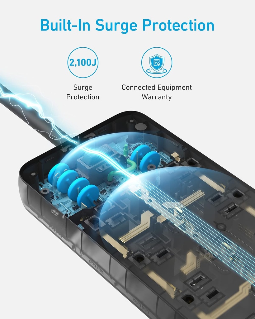 Anker - Regleta de protección contra sobretensiones (2100J), 12 salidas con 1 USB C y 2 puertos USB para iPhone 15/15 Plus/15 Pro/15 Pro Max, cable de extensión de 5 pies, enchufe plano, carga USB C