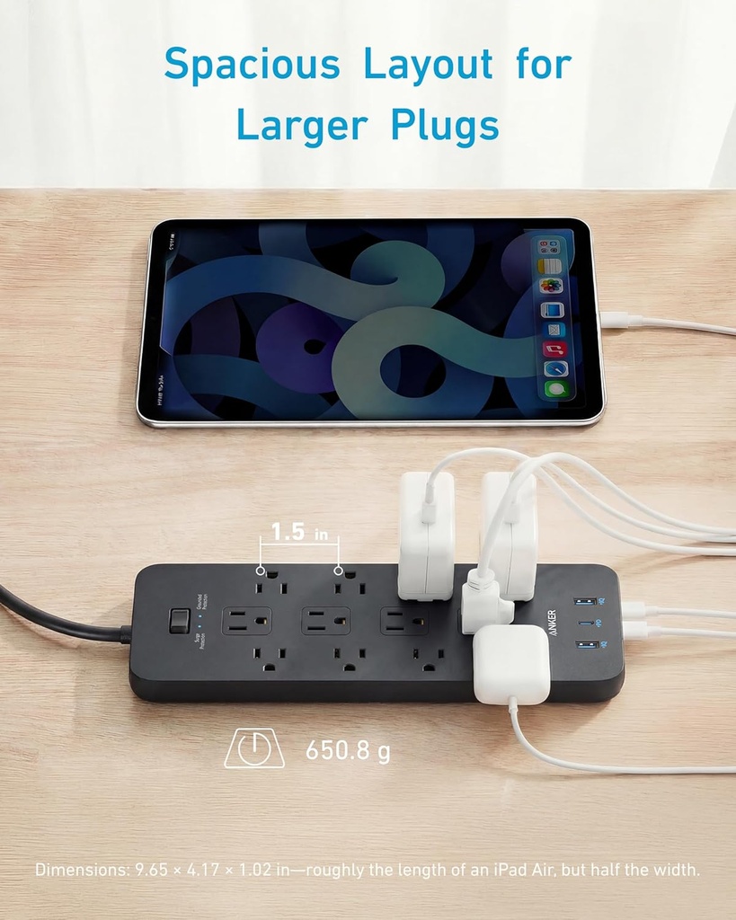 Anker - Regleta de protección contra sobretensiones (2100J), 12 salidas con 1 USB C y 2 puertos USB para iPhone 15/15 Plus/15 Pro/15 Pro Max, cable de extensión de 5 pies, enchufe plano, carga USB C
