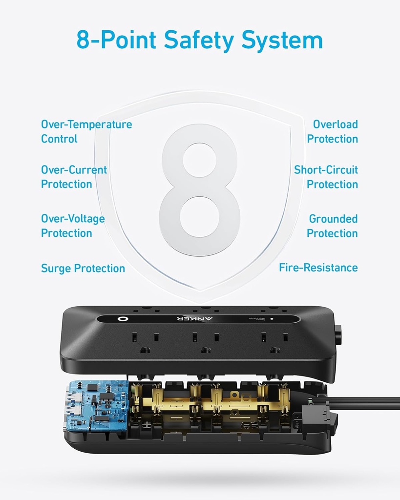 Anker 300J - Regleta de alimentación ultrafina 10 en 1de enchufe plano con 6 CA, 2 puertos USB-A y 2 puertos USB-C, cable de extensión, estación de carga de escritorio para el hogar, oficina
