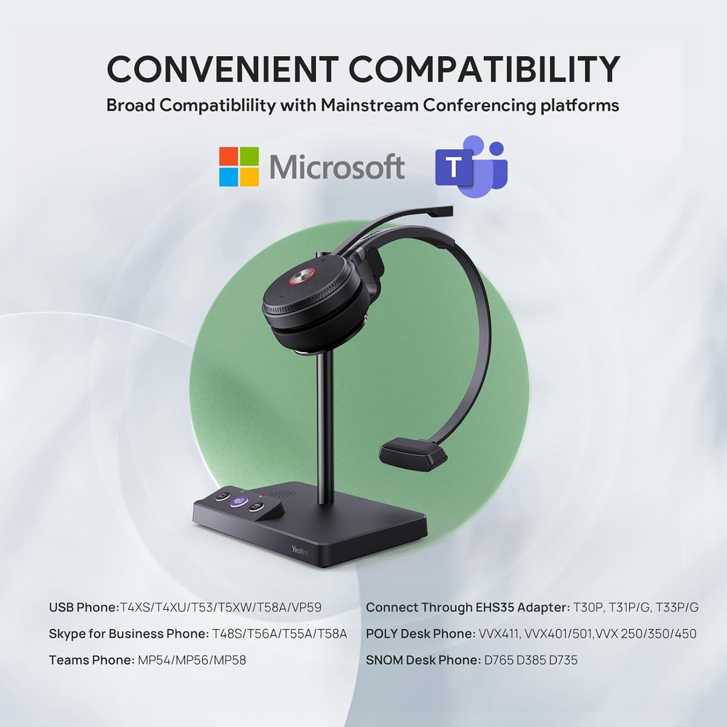 Auriculares Inalámbricos Mono Yealink WH62 para equipos de Microsoft, DECT inalámbricos con 2 micrófonos de cancelación de ruido para teléfono IP y PC