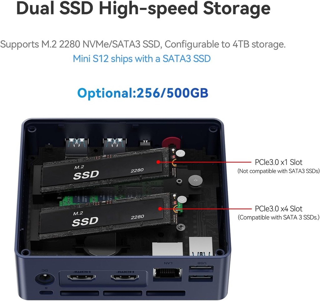 Beelink Mini PC S12 Pro, Intel 12ª generación Alder Lake - N100(hasta 3.4 GHz), 8 GB DDR4 RAM 256 GB M.2 SSD, soporta para computadora de escritorio 4K Dual Display/USB3.2/WiFi 6/BT5.2/Gigabit