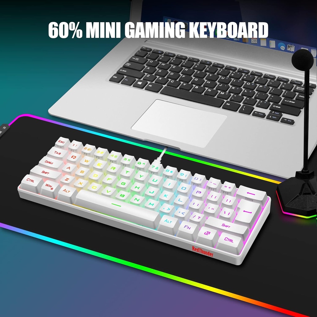 Combo Teclado/Mouse RedThunder - 60% Ligero, ultracompacto 61 teclas con retroiluminación RGB, Mouse 7200 DPI Honeycomb (Blanco)