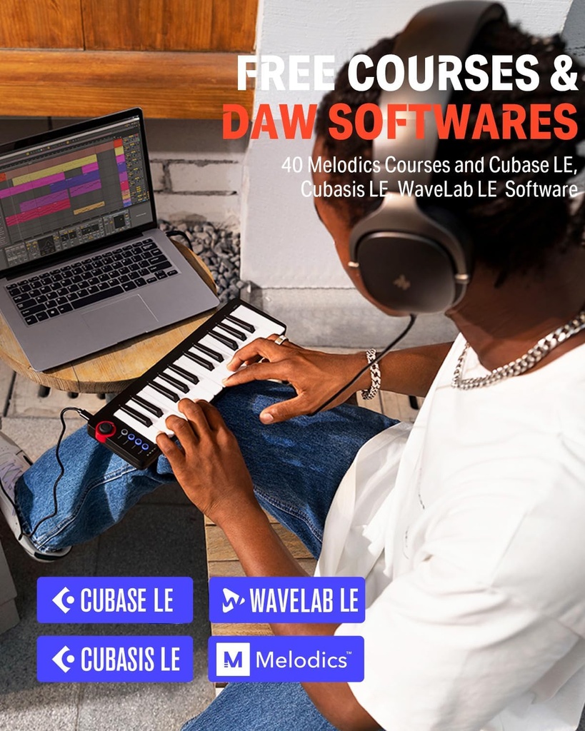 Donner - Controlador de teclado MIDI USB pequeño con 25 teclas, N-25, con miniteclas sensibles a la velocidad, interruptor de iluminación y software de producción de música incluido