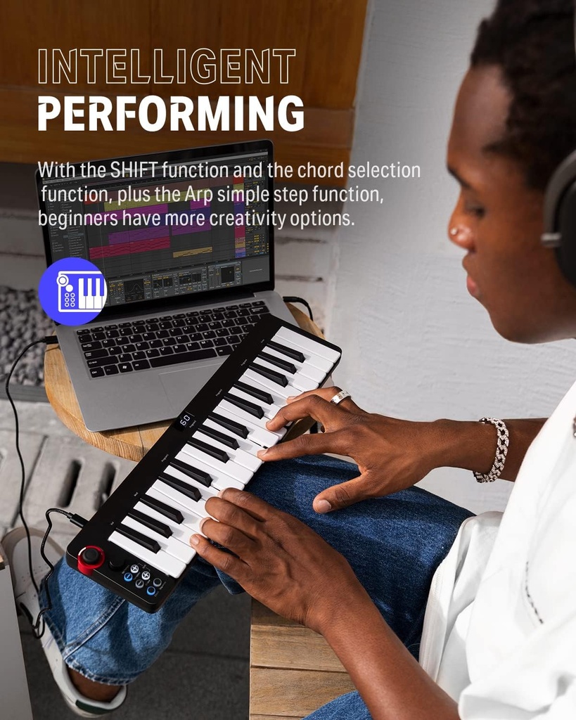 Donner - Controlador de teclado MIDI USB y 32 miniteclas, N-32, con pantalla, secuenciador, acorde y efectos de curva de sonido mediante joystick iluminado, para Mac/PC, software de producir música