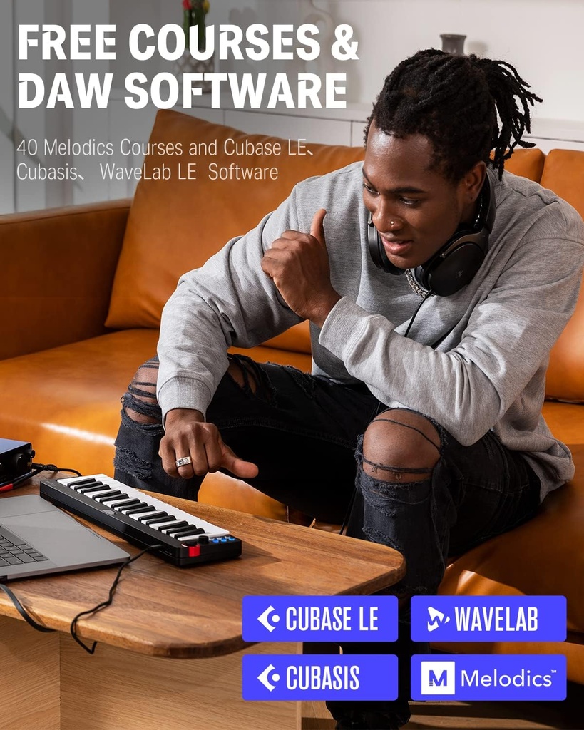 Donner - Controlador de teclado MIDI USB y 32 miniteclas, N-32, con pantalla, secuenciador, acorde y efectos de curva de sonido mediante joystick iluminado, para Mac/PC, software de producir música