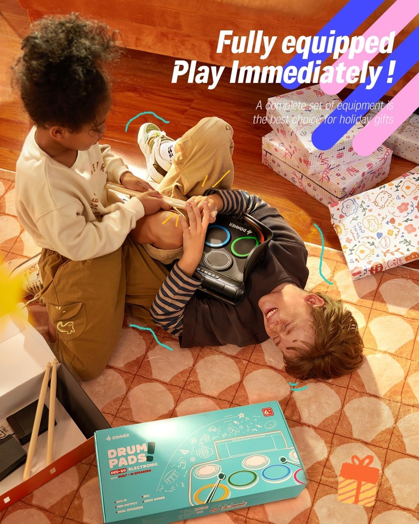 Donner Juego de batería eléctrica mejorada, 7 almohadillas electrónicas, almohadilla de batería silenciosa, altavoz integrado, 40 lecciones incluidas, juguetes de instrumentos de regalo de Navidad y cumpleaños para niños (DED-20R)