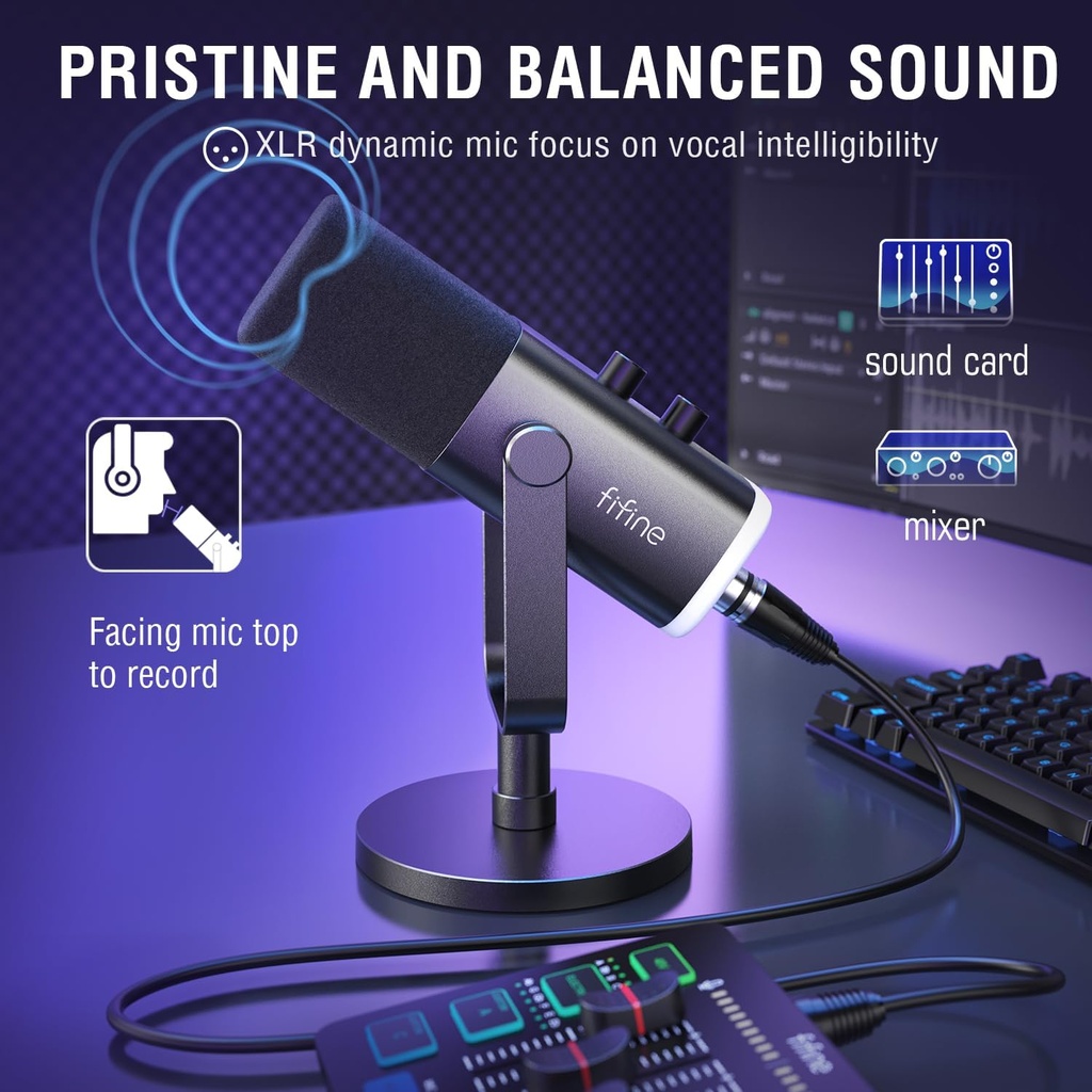 FIFINE Paquete de equipos de juego, juego de micrófono dinámico XLR/USB para juegos con mezclador de audio para grabación de podcasts, video vocal, juego de jugadores RGB con atenuador de