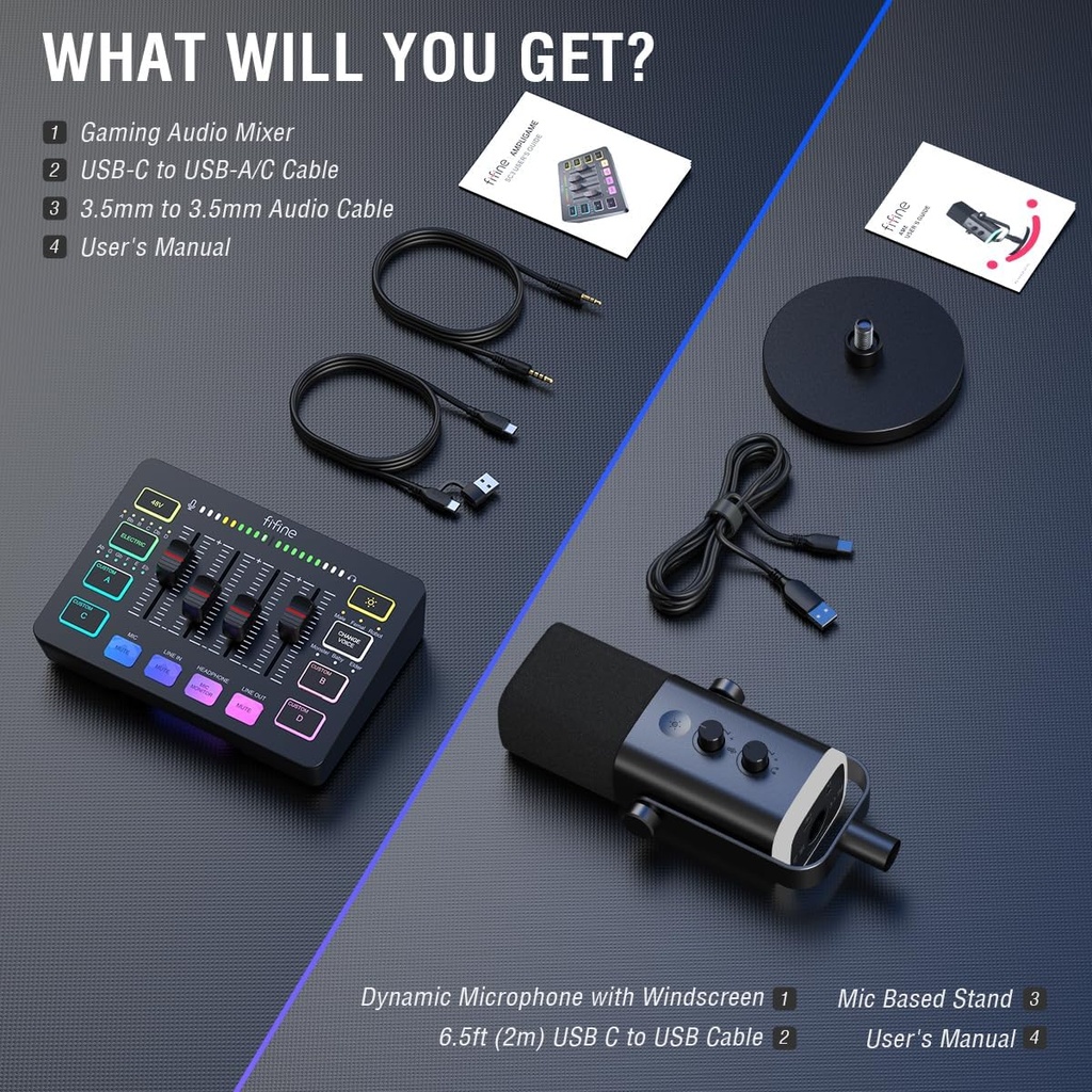 FIFINE Paquete de equipos de juego, juego de micrófono dinámico XLR/USB para juegos con mezclador de audio para grabación de podcasts, video vocal, juego de jugadores RGB con atenuador de