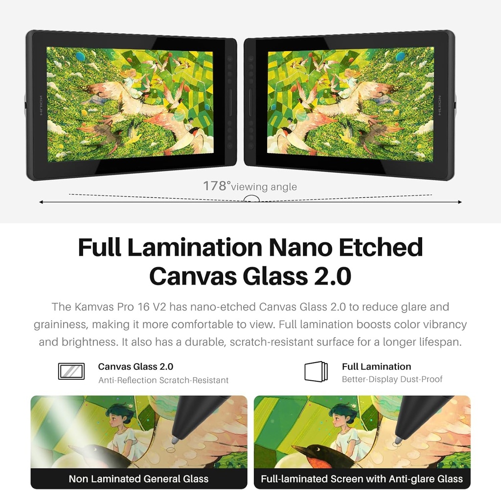 HUION Kamvas Pro 16 V2 - Tableta de dibujo con pantalla de 16384 niveles sin batería, soporte de inclinación de 0.07 oz IAF, vidrio AG completamente laminado de 15.6 pulgadas, barra táctil inteligente