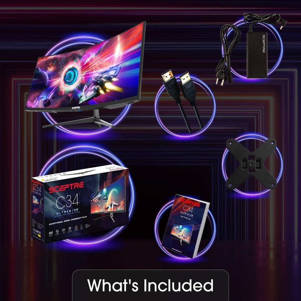 Sceptre Monitor WQHD ultraancho curvo de 34 pulgadas 3440 x 1440 R1500 hasta 165Hz DisplayPort x2 99% sRGB 1 ms imagen por imagen, negro máquina 2023 (C345B-QUT168)