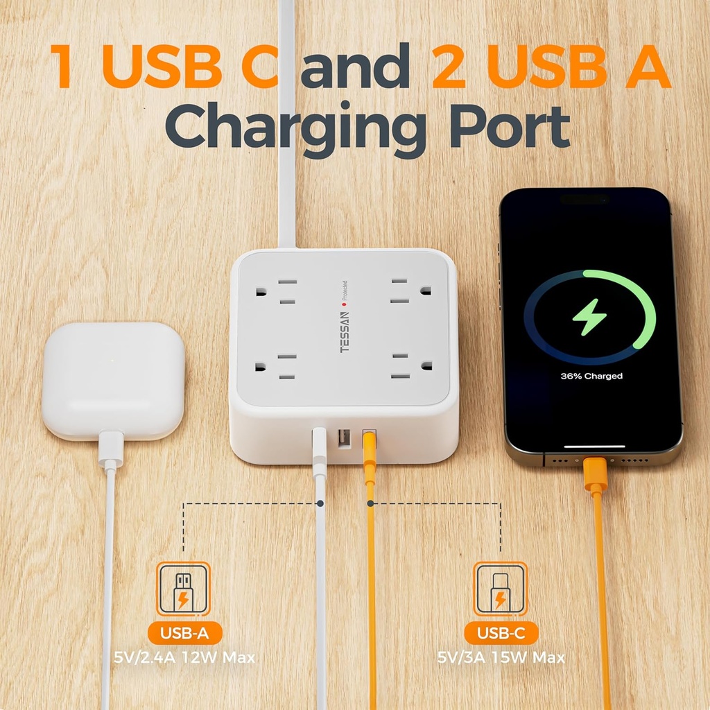 TESSAN - Tira de alimentación con protector de sobretensión, cable de extensión de enchufe plano de 5 pies con 3 USB (1 USB C) 8 salidas, 1250W, protección de 900J, extensor de salidas de 3 lados con