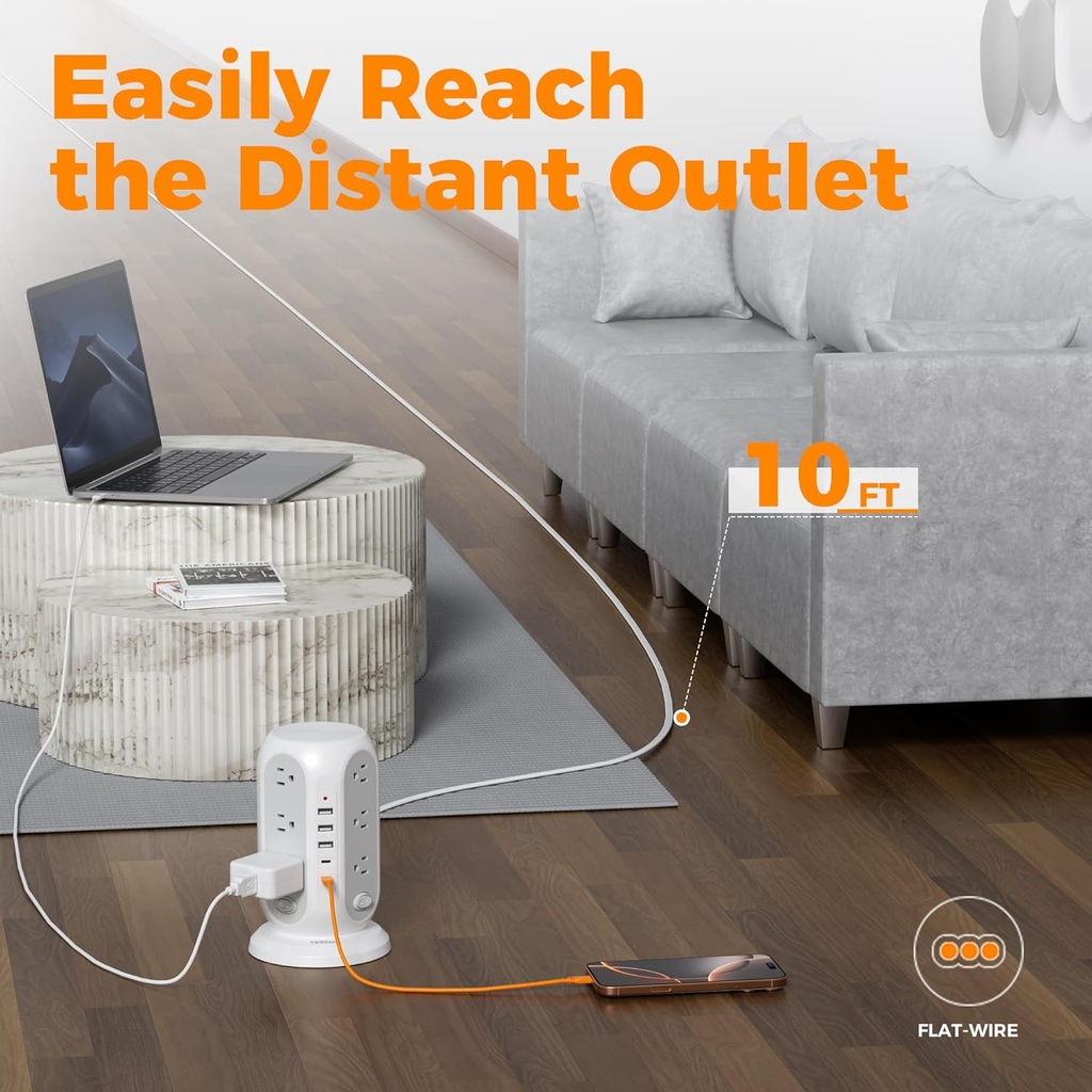 TESSAN Regleta de alimentación de torre con interruptores individuales, protector de sobretensiones con 12 tomas, 5 puertos USB (2 USB C), cable de extensión plano de 10 pies, 1250 W, estación de