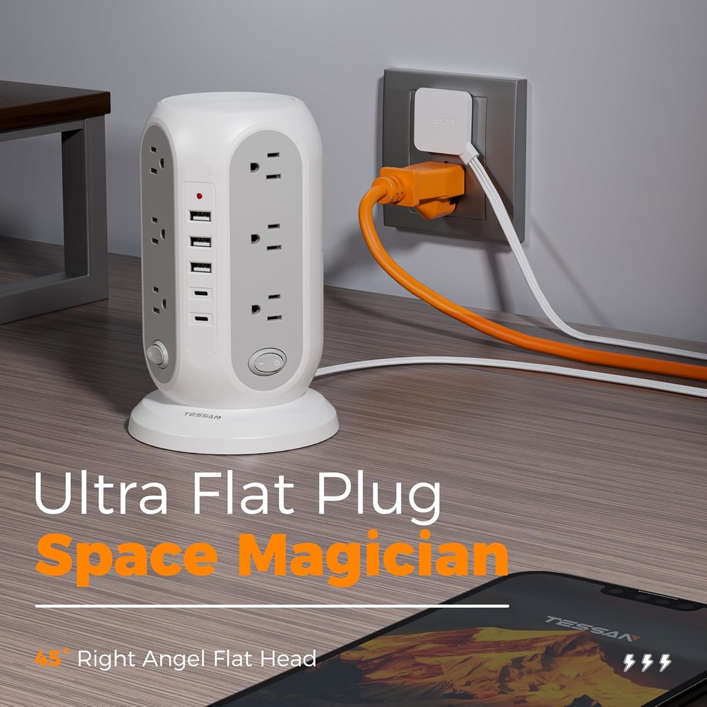 TESSAN Regleta de alimentación de torre con interruptores individuales, protector de sobretensiones con 12 tomas, 5 puertos USB (2 USB C), cable de extensión plano de 10 pies, 1250 W, estación de