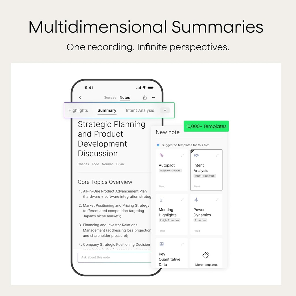 Grabadora de voz AI, grabadora de voz PLAUD Note con funda, control de aplicaciones, transcribir y resumir potenciado por ChatGPT, compatible con 59 idiomas, memoria de 64 GB, grabadora de audio para 