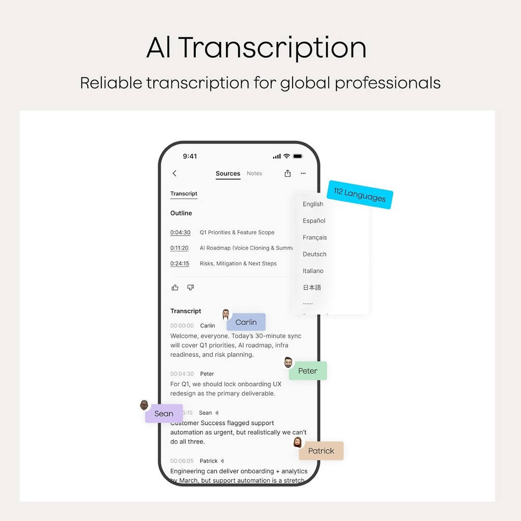 Grabadora de voz AI, grabadora de voz PLAUD Note con funda, control de aplicaciones, transcribir y resumir potenciado por ChatGPT, compatible con 59 idiomas, memoria de 64 GB, grabadora de audio para 