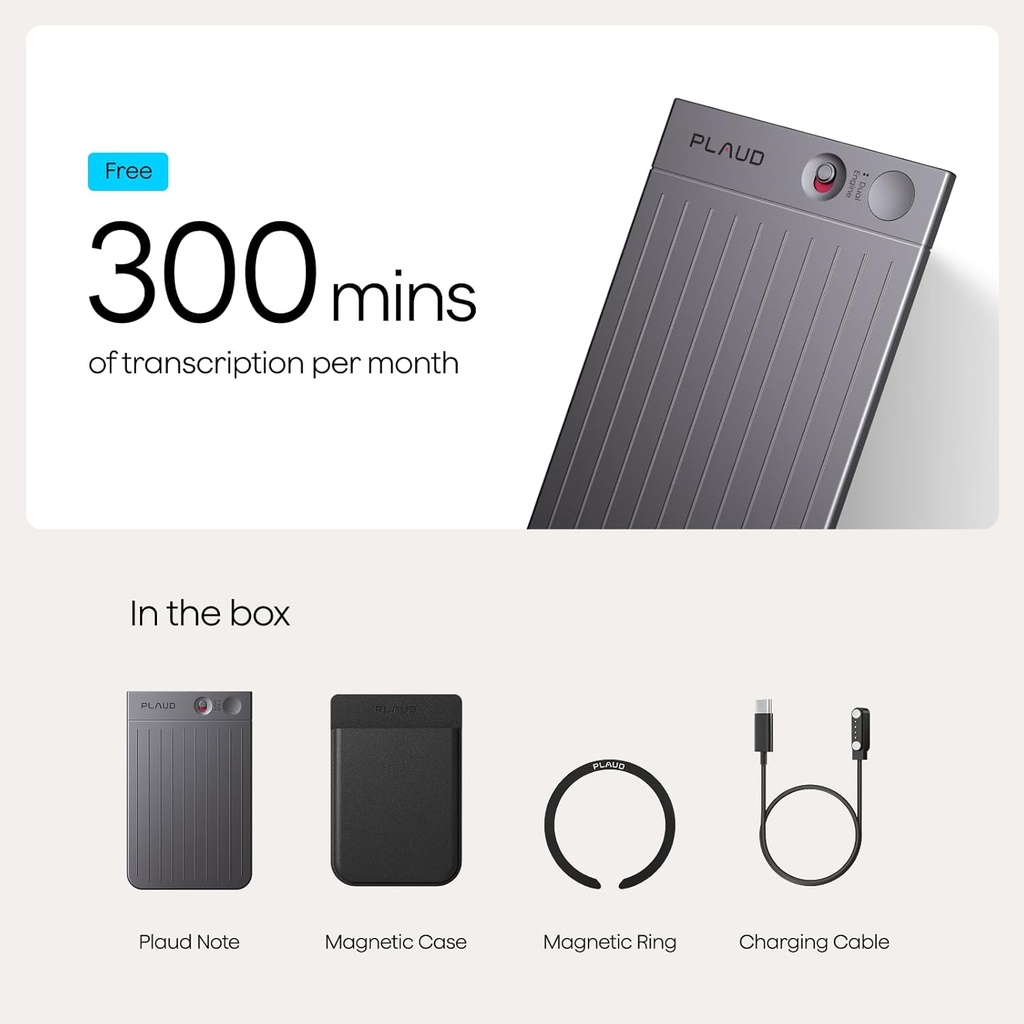Grabadora de voz AI, grabadora de voz PLAUD Note con funda, control de aplicaciones, transcribir y resumir potenciado por ChatGPT, compatible con 59 idiomas, memoria de 64 GB, grabadora de audio para 