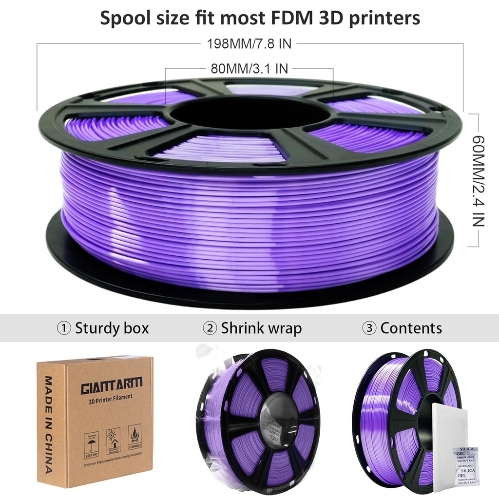 GIANTARM Filamento PLA para impresora 3D de 2.2 lbs, filamento mejorado de dureza de 1.75mm, color seda morada brillante, con precisión dimensional de 0.03mm, embalaje al vacío, 1080 pies por rollo, para la mayoría de impresoras 3D FDM Morado 