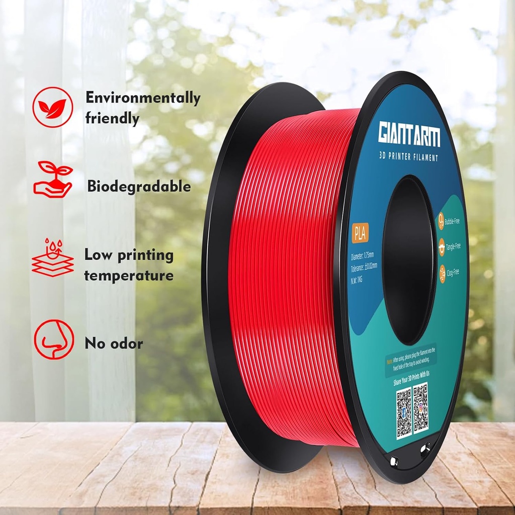GIANTARM - Filamento para impresora 3D, 2 piezas de filamento pla rojo, carrete de 1 kg (2.2 lbs), precisión dimensional de 1.75 mm +/- 0.03 mm, filamento para impresión 3D Rojo 