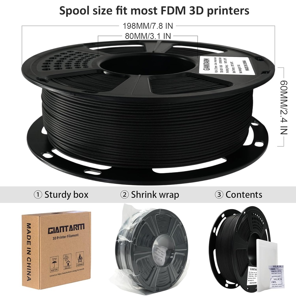 Filamento de ácido poliláctico para impresora 3D, filamento de ácido poliláctico GIANTARM de 1.75mm, precisión dimensional +/- 0.02mm, carrete de 2.2 lbs, embalaje al vacío, apto para la mayoría de impresoras 3D, negro oscuro 