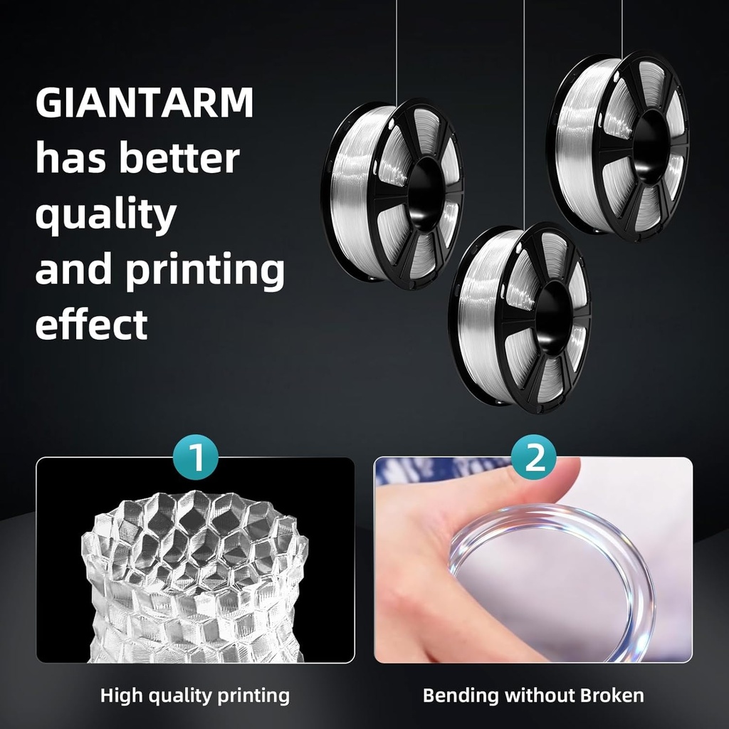 GIANTARM Filamento de ácido poliláctico transparente, carrete de 1.75mm de PLA transparente de 1kg (2.2lbs), filamento para impresora 3D con embalaje al vacío color Pla 