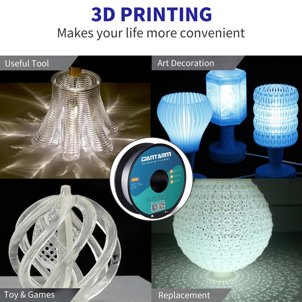 GIANTARM Filamento de ácido poliláctico transparente, carrete de 1.75mm de PLA transparente de 1kg (2.2lbs), filamento para impresora 3D con embalaje al vacío color Pla 