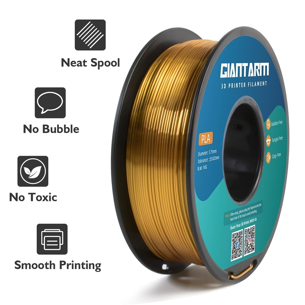 GIANTARM Filamento para impresora 3D, filamento PLA de seda dorada, carrete de 1Kg (2.2lbs), precisión dimensional de 1.75mm +/- 0.03mm, filamento para impresión 3D Color oro 