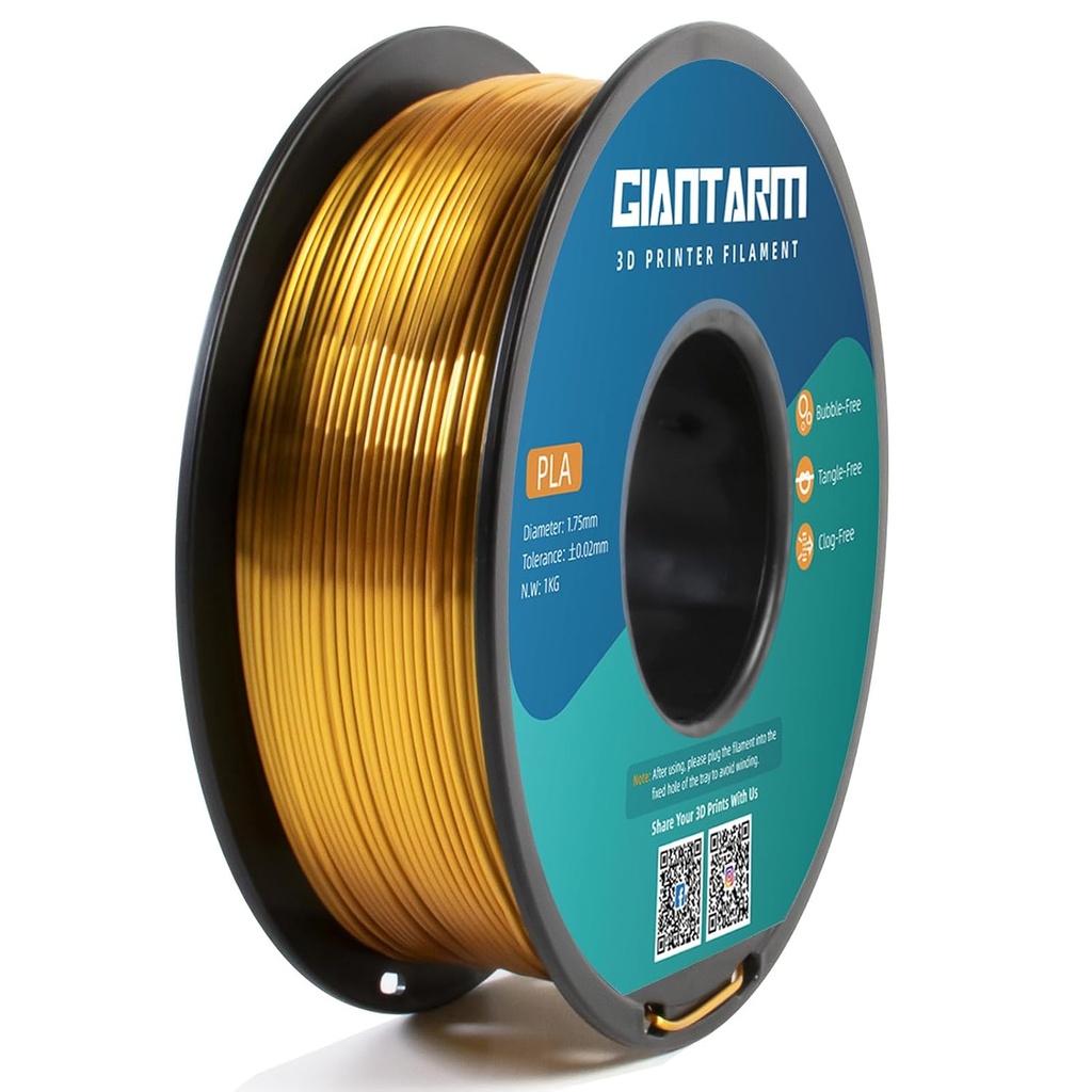 GIANTARM Filamento para impresora 3D, filamento PLA de seda dorada, carrete de 1Kg (2.2lbs), precisión dimensional de 1.75mm +/- 0.03mm, filamento para impresión 3D Color oro 