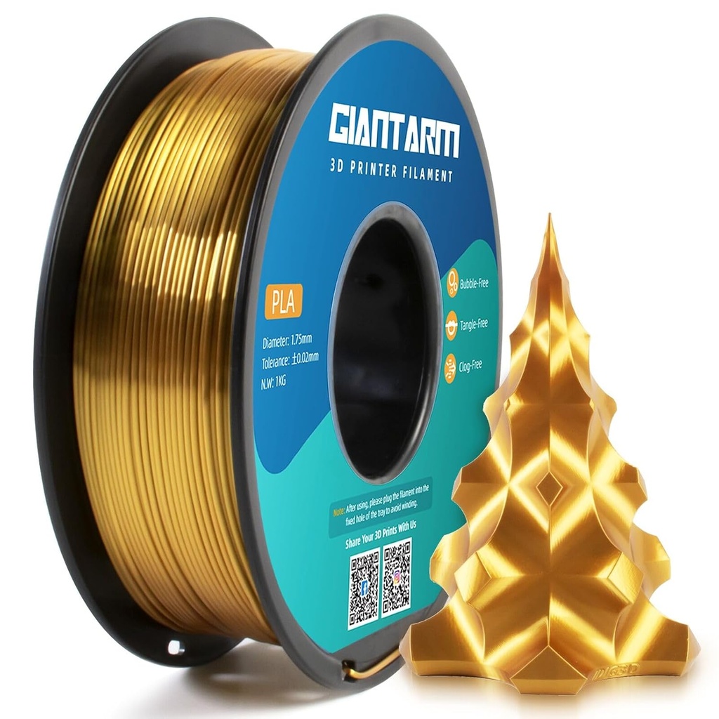GIANTARM Filamento para impresora 3D, filamento PLA de seda dorada, carrete de 1Kg (2.2lbs), precisión dimensional de 1.75mm +/- 0.03mm, filamento para impresión 3D Color oro 
