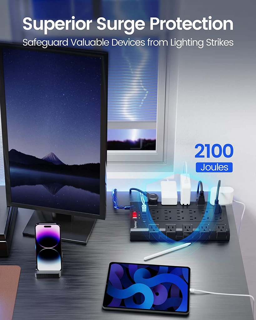 Power Strip, SUPERDANNY Surge Protector with 22 AC Outlets and 6 USB Charging Ports, 1875W/15A, 2100 Joules, 6.5Ft Flat