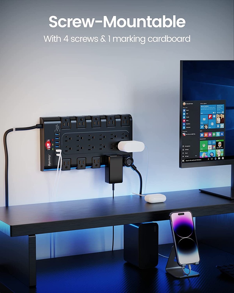 Power Strip, SUPERDANNY Surge Protector with 22 AC Outlets and 6 USB Charging Ports, 1875W/15A, 2100 Joules, 6.5Ft Flat