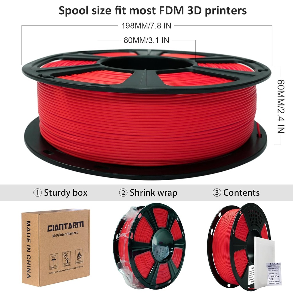 Filamento de ácido poliláctico para impresora 3D, filamento de ácido poliláctico GIANTARM de 1.75mm, precisión dimensional +/- 0.02 mm, carrete de 2.2 lbs, embalaje al vacío, apto para la mayoría de impresoras 3D, rojo