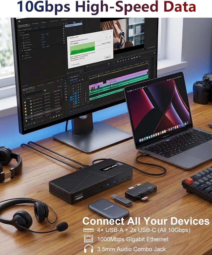 WAVLINK Estación de acoplamiento de triple monitor USB-C para MacBook M1/M2/M3/M4/M5 y Windows – 100 W PD, 3 puertos HDMI/2 DisplayPort, puertos USB de 6 x 10 Gbps, Gigabit Ethernet, ideal para