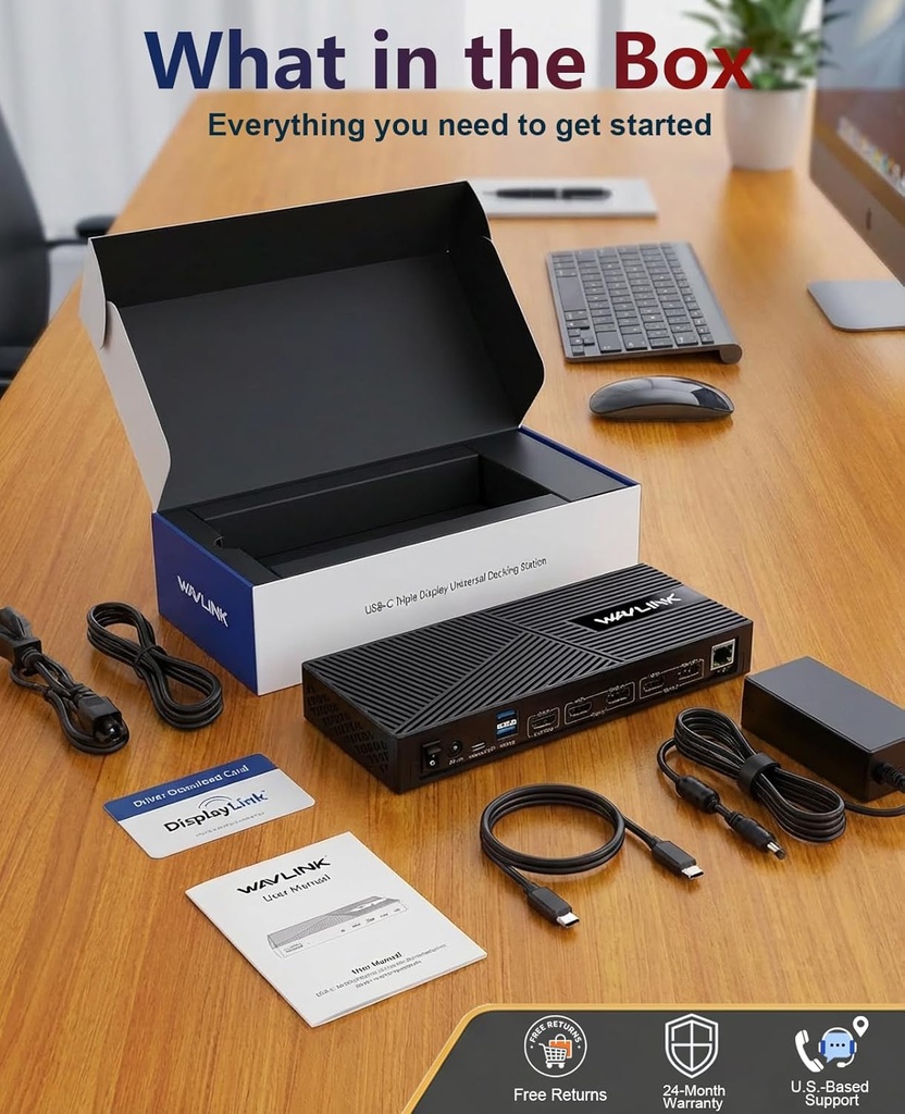 WAVLINK Estación de acoplamiento de triple monitor USB-C para MacBook M1/M2/M3/M4/M5 y Windows – 100 W PD, 3 puertos HDMI/2 DisplayPort, puertos USB de 6 x 10 Gbps, Gigabit Ethernet, ideal para