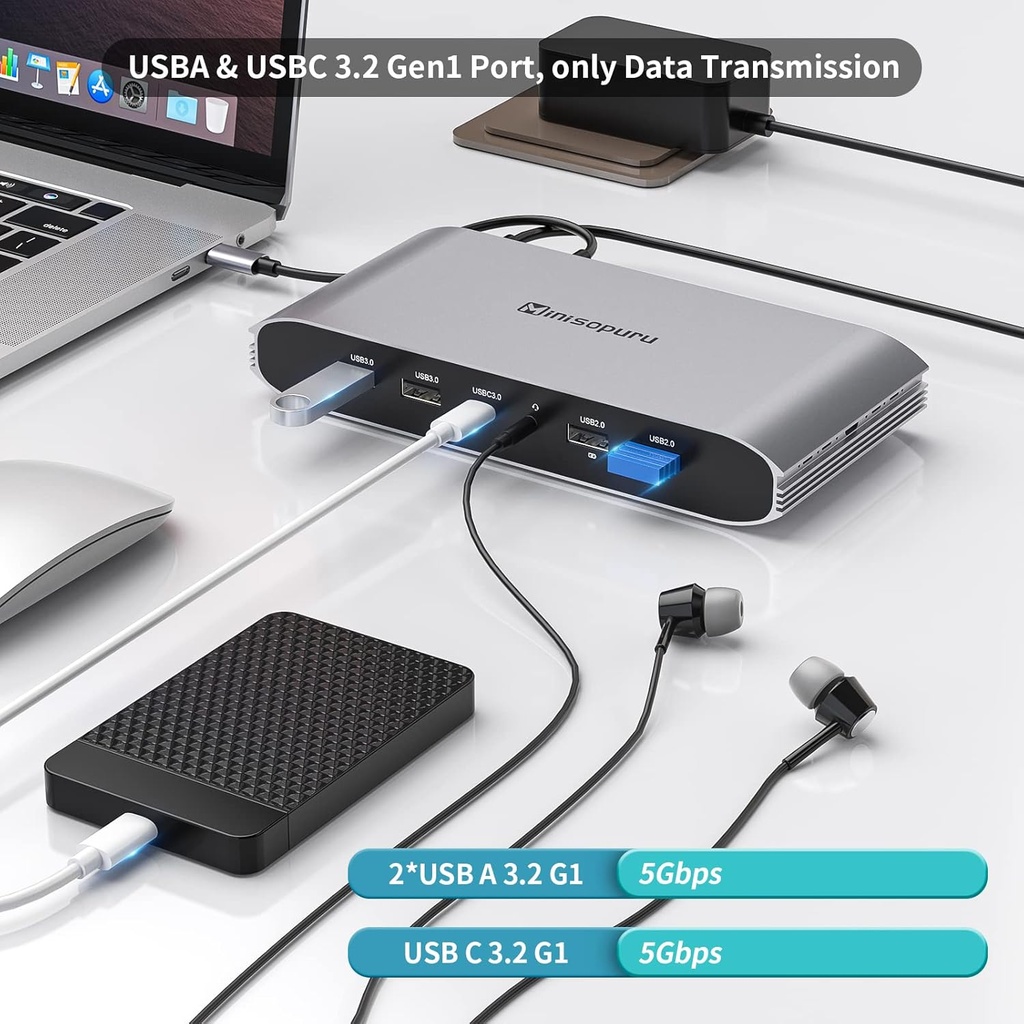 Estación de acoplamiento de triple visualización Minisopuru Displaylink para MacBook M1/M2/M3/M4/Windows, estación de acoplamiento DisplayLink con 2 HDMI y 2 DisplayPort, carga de 100W, datos USB-C