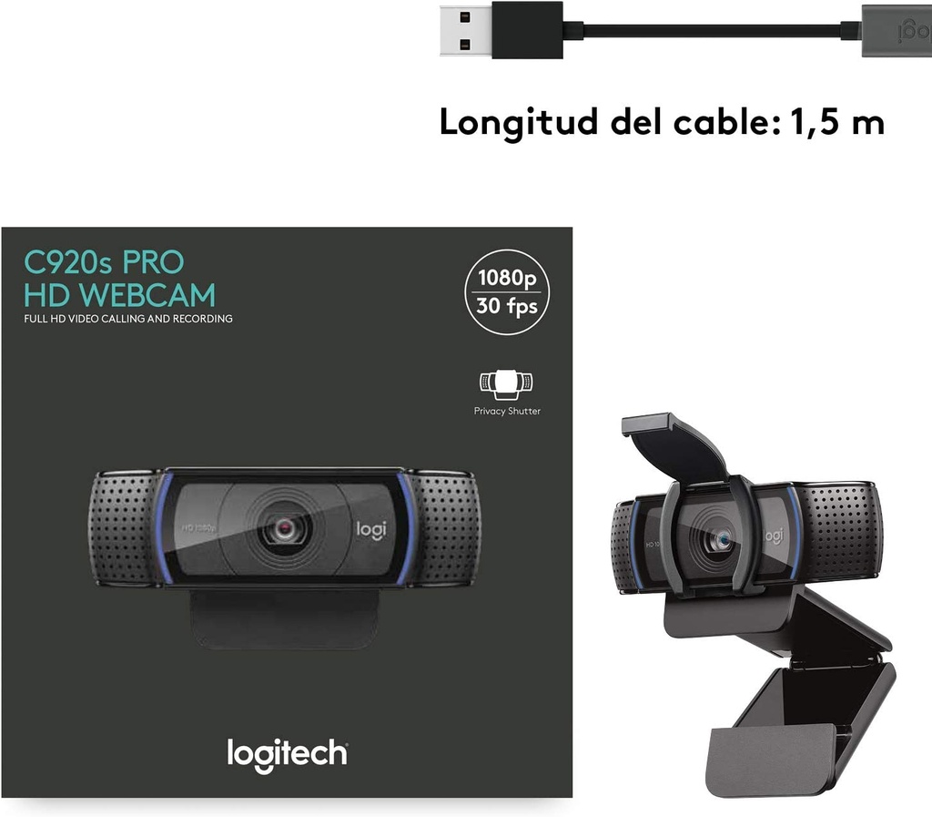 Logitech C920s HD Pro Webcam, Full HD 1080p/30fps Video Calling, Clear Stereo Audio, HD Light Correction, Works 