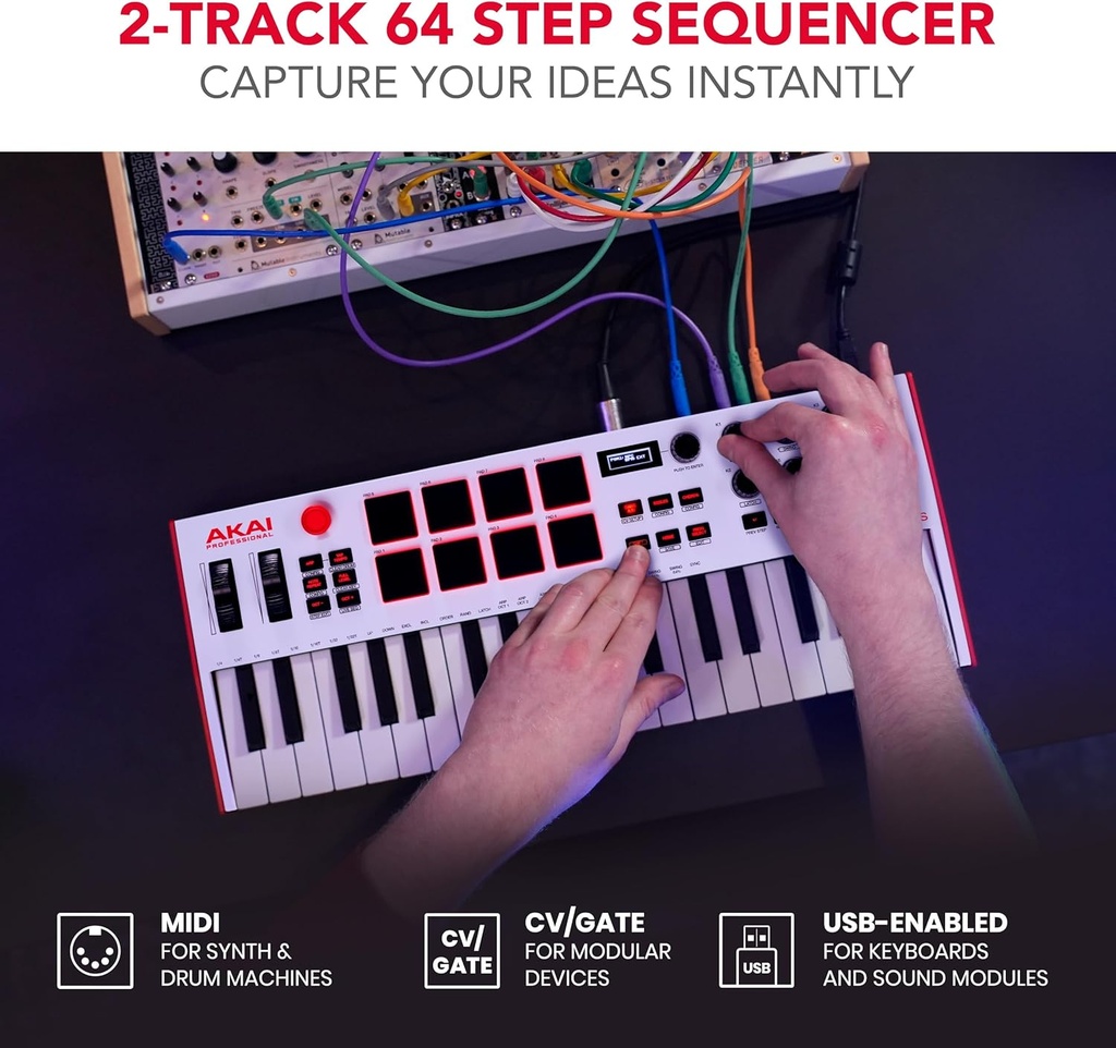 Akai Professional MPK Mini Plus - Controlador de teclado MIDI USB con 37 mini teclas, 8 almohadillas MPC, secuenciador, MIDI/CV/Gate I/O y paquete de sonido de instrumentos nativos, edición limitada blanca 