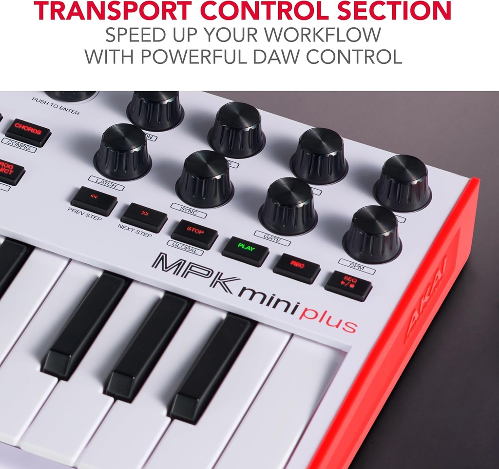 Akai Professional MPK Mini Plus - Controlador de teclado MIDI USB con 37 mini teclas, 8 almohadillas MPC, secuenciador, MIDI/CV/Gate I/O y paquete de sonido de instrumentos nativos, edición limitada blanca 