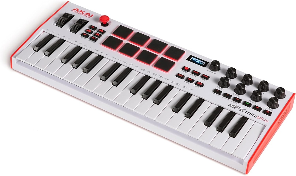 Akai Professional MPK Mini Plus - Controlador de teclado MIDI USB con 37 mini teclas, 8 almohadillas MPC, secuenciador, MIDI/CV/Gate I/O y paquete de sonido de instrumentos nativos, edición limitada blanca 