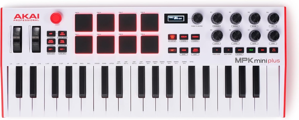 Akai Professional MPK Mini Plus - Controlador de teclado MIDI USB con 37 mini teclas, 8 almohadillas MPC, secuenciador, MIDI/CV/Gate I/O y paquete de sonido de instrumentos nativos, edición limitada blanca 