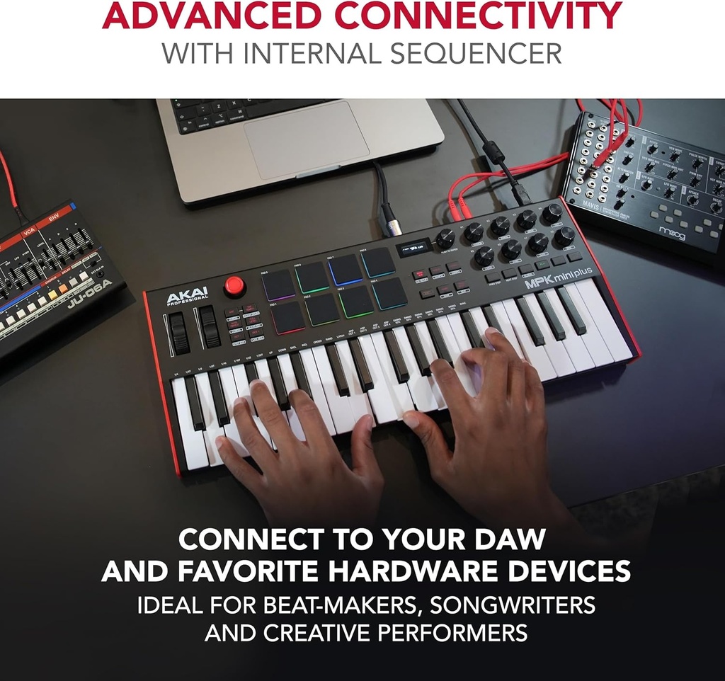 Akai Professional MPK Mini Plus - Controlador de teclado MIDI USB con 37 mini teclas, 8 almohadillas MPC, secuenciador, E/S MIDI/CV/puerta 